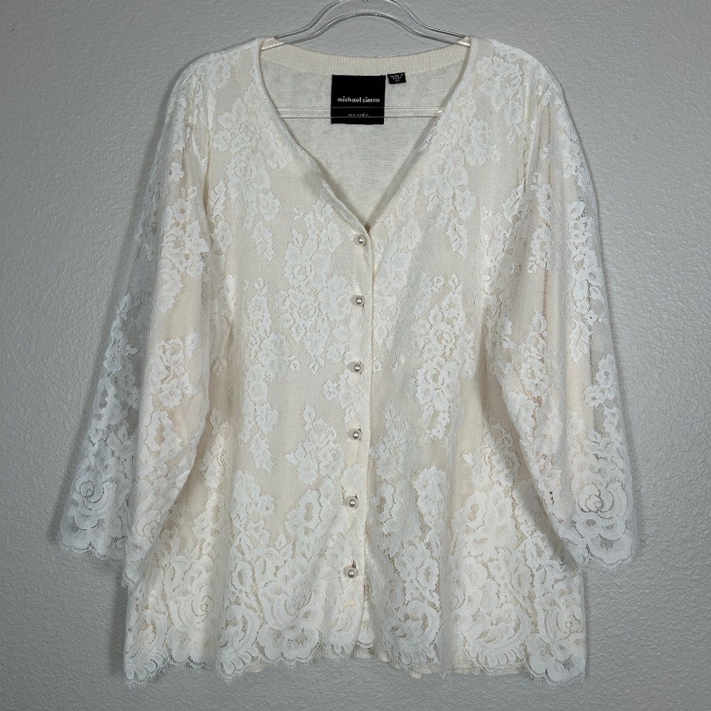 Michael Simon plus size 2X cardigan sweater cream lace pear buttons cotton linen